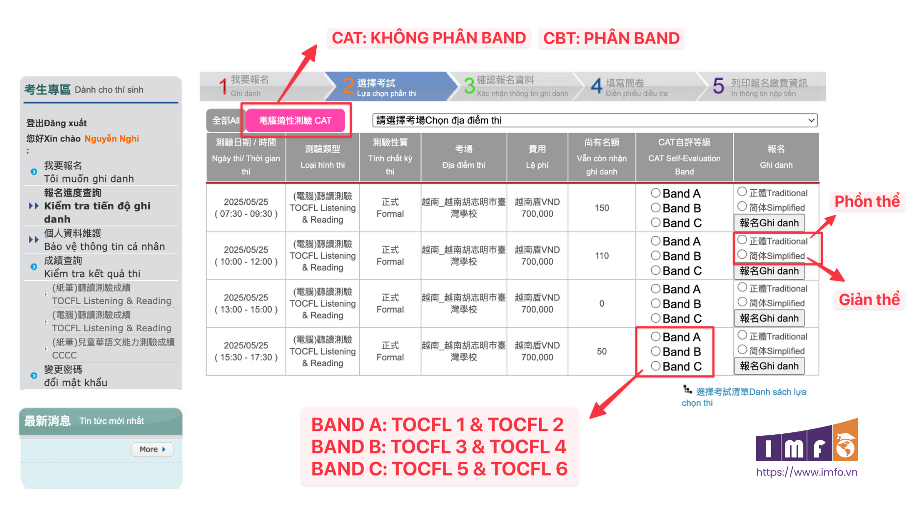 Hướng dẫn đăng ký thi TOCFL Online đầy đủ nhất 21 Hướng dẫn đăng ký thi Tocfl Online - Bước 5 Lựa chọn phần thi TOCFL
